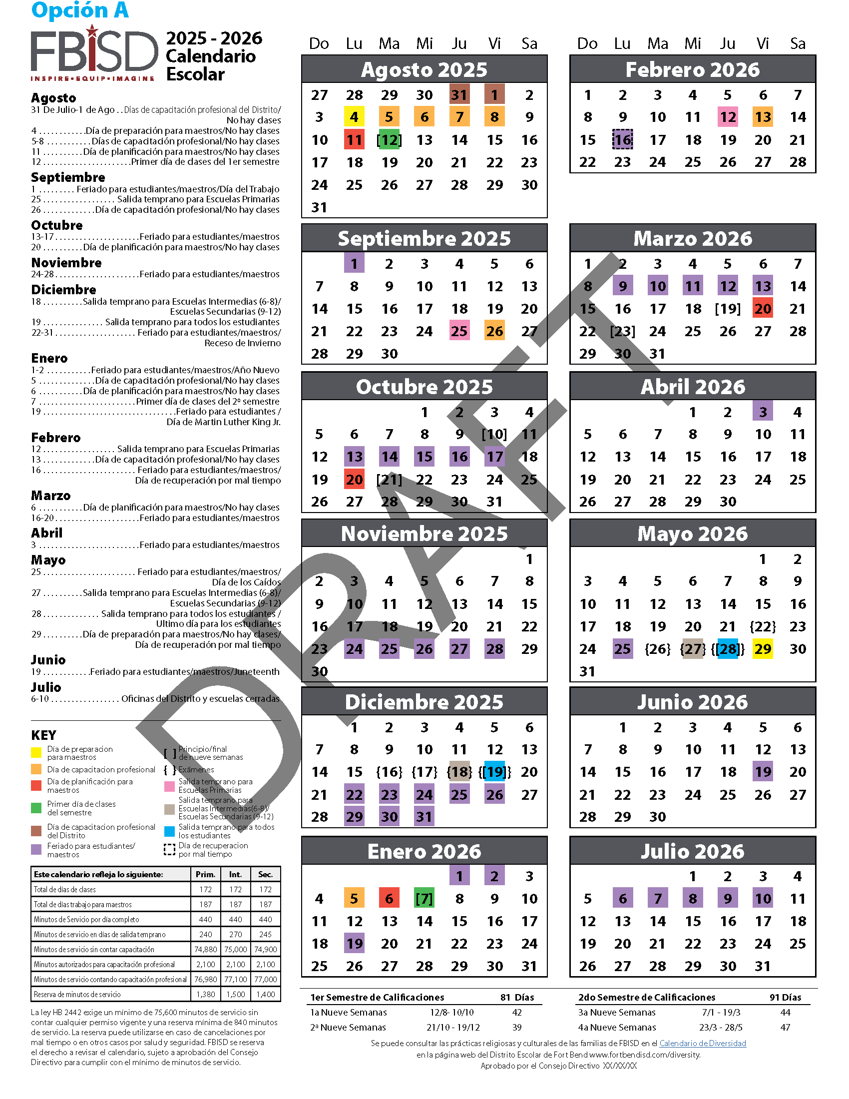2025-2026 Instructional Calendar Draft A in Spanish